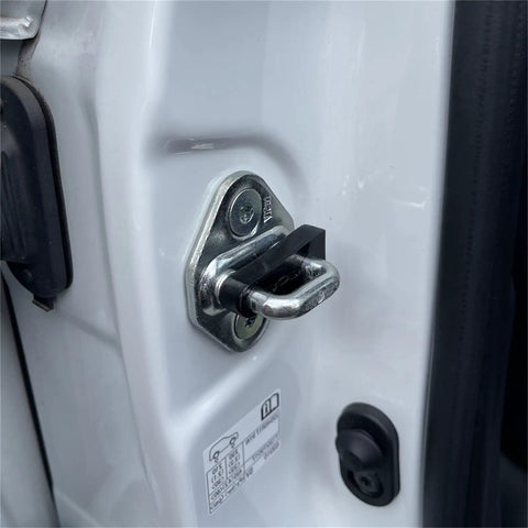 Universal Car Door Lock Dampers That Straight Up Kill The Rattle For Smooth Closings Boost Noise Damping Ease Hinge Strain Heavy Duty Auto Silent Install Kit close-up on vehicle door latch and mount.