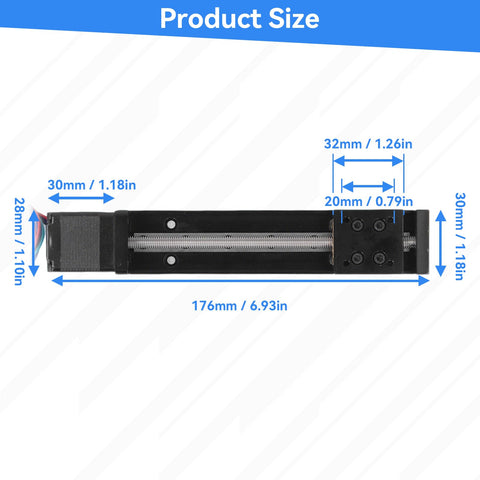 Rock Solid Manual Linear Rail Slide Table With 100mm Stroke And 28 Stepper, Ideal Linear Stage For CNC Router Parts X Y Z Motion, Rugged Guide Rail System Delivers Quiet, Precise Movement. Size diagram, 176mm x 30mm black metal stage.
