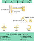 Hypoallergenic Flat Back Earrings For Women 14K Gold Plated Mini Stud Set Of 3 Pairs Featuring Star Moon Sun Shapes Flat Back Cartilage Helix Piercing Jewelry Includes 4mm And 5mm Sizes For Daily Mix And Match. gold-plated flat back stud with 7mm star CZ, 6mm moon, 0.8mm wire