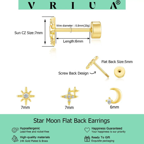 Hypoallergenic Flat Back Earrings For Women 14K Gold Plated Mini Stud Set Of 3 Pairs Featuring Star Moon Sun Shapes Flat Back Cartilage Helix Piercing Jewelry Includes 4mm And 5mm Sizes For Daily Mix And Match. gold-plated flat back stud with 7mm star CZ, 6mm moon, 0.8mm wire