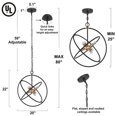Six Light Mid Century Modern Orb Chandelier in Matte Black with Dark Gold Finishes, adjustable height diagram