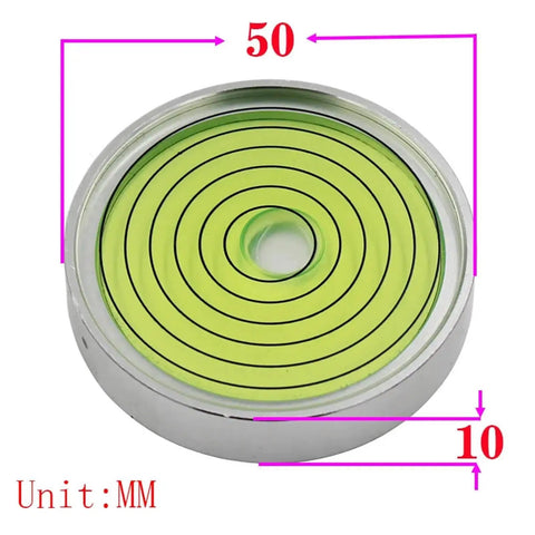 Horizontal Bead Metal Round Universal Spirit Level Bubble Green in White Diameter 50mm, side view showing markings.
