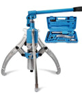 Heavy Duty Hydraulic Gear Puller And Three Jaw Bearing Separator With Badass Torque For Hubs Flanges And Gears Easy No Sweat Pumping Action Up To Fifteen Tons with blue handle and alloy steel jaws.