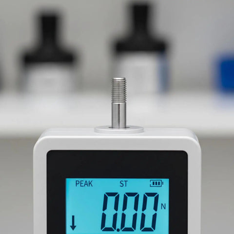 Portable Digital Push Pull Force Gauge For Tension And Compression Testing, AA Powered Dynamometer With Peak Hold Mode, Unit Conversion Between N Kg And Lb, Compact On The Go Handheld Gauge For Field Work showing threaded metal probe and digital display