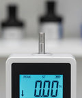 Digital Push Pull Force Gauge With Backlit Display And Peak Hold Pro Grade Tension And Compression Tester Unit Conversion In N Kg Lb 5N Capacity Portable AA Powered One Hand Operation Readouts, front view, threaded metal probe