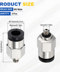 3 Pack Push To Connect Fittings Straight Nickel Plated Brass Pneumatic Male Adapters For 0.16 Inch Outer Diameter Tubing M3 Metric Threads Black Quick Connect Air Line For Factory Pneumatic System shown with measurements