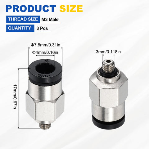 3 Pack Push To Connect Fittings Straight Nickel Plated Brass Pneumatic Male Adapters For 0.16 Inch Outer Diameter Tubing M3 Metric Threads Black Quick Connect Air Line For Factory Pneumatic System shown with measurements