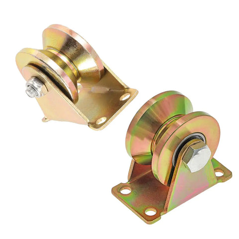 Tough As Nails Two Inch V Groove Caster Wheels For Inverted V Track Sliding Gates heavy duty steel construction showing two rollers and mounting base.