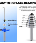 Diagram showing hexhead screw and replaceable bearing for Rabbeting Router Bits Set For Precise Rabbet Slots, 1/4 Inch Shank, 4-Piece Carbide Tipped Kit With 6 Interchangeable Bearings And Adjustable Depths For Clean Pro Level Joinery.