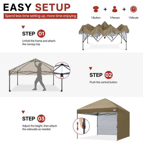 EASY SETUP steps for Boss Level 8X8 Pop Up Canopy Tent With Two Full Sidewalls For All Weather Shade Rock Solid Khaki Frame.