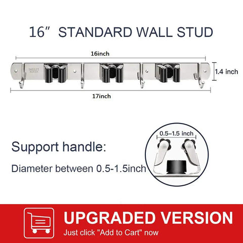 Two Pack Wall Mounted Broom And Mop Holder Set Stainless Steel Stick On Heavy Duty Hooks Storage Organizer with dimensions and handle info