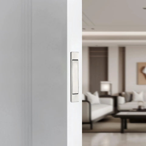 Pocket Door Pull Handle Edge Pull Satin Nickel Flush Mount For Sliding Doors 2 Pack With Self Retracting Mechanism Fits Doors Over Eleven Sixteenth Inches Thick Stainless Steel Finish Rust Resistant And Easy To Install installed on a door with a modern interior background.