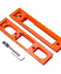 Door Hinge Jig Installation Kit With Adjustable Template And Milling Cutter For Precise Hinge Alignment Invisible Hinge Router Guide Template Fits Two And A Half To Six Inch Hinges Durable Plastic Construction For DIYers And Pros, showing the orange templates and accessories on white background.