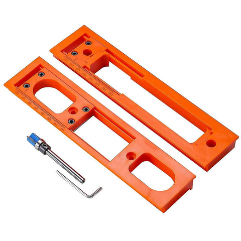 Door Hinge Jig Installation Kit With Adjustable Template And Milling Cutter For Precise Hinge Alignment Invisible Hinge Router Guide Template Fits Two And A Half To Six Inch Hinges Durable Plastic Construction For DIYers And Pros, showing the orange templates and accessories on white background.