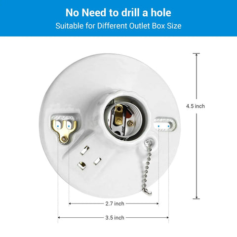 Porcelain Pull Chain Light Socket With Grounded Outlet, E26 E27 Base, UL Listed, 4.5-inch diameter, top view with measurements