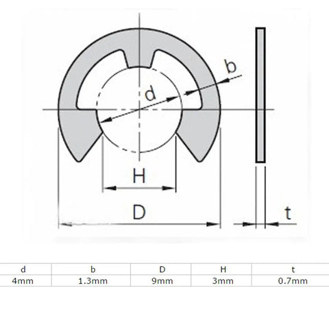 Diagram showing 4mm Inner Diameter 304 Stainless Steel E Clip Circlips set of 100 pieces durable E type retaining rings with dimensions.