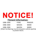 Fitment notice for Front Wheel Hub Bearing Assembly for Ford Ranger and Mazda B4000 1998-2000 with specifications