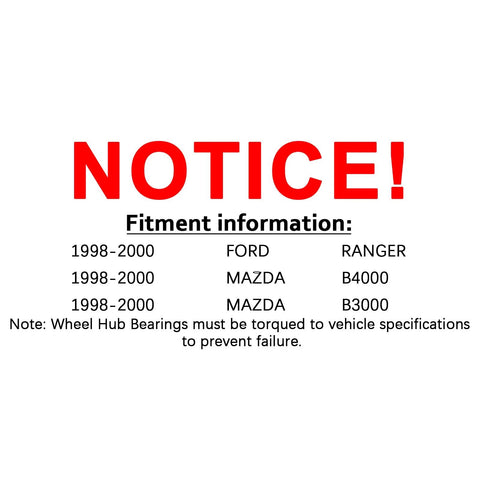 Fitment notice for Front Wheel Hub Bearing Assembly for Ford Ranger and Mazda B4000 1998-2000 with specifications