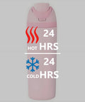 Insulated Stainless Steel Water Bottle With Built-In Straw, Leak-Proof Seal, BPA-Free, Pink, showing 24-hour temperature retention