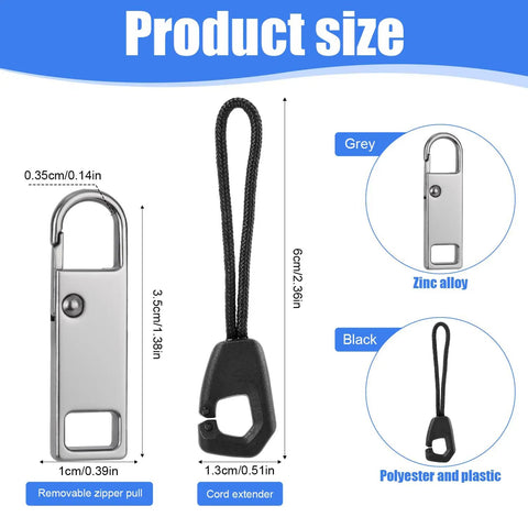 Detachable Metal Zipper Pull Replacement Kit With Six Heads And Six Extension Cords for backpacks, jackets, luggage, boots, tents