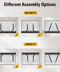 Different assembly options for Reliable Soundbar Wall Mount Bracket, showing beneath and above TV setups.