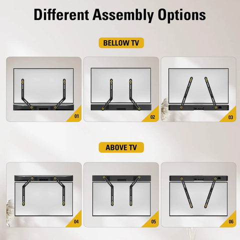 Different assembly options for Reliable Soundbar Wall Mount Bracket, showing beneath and above TV setups.