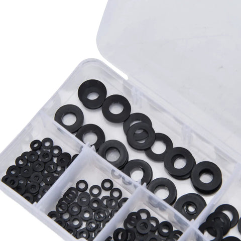 Nylon Flat Washers 250 Pcs Master Kit M2 Assortment For Household Electrical Automotive Marine Gear Black Sealing Spacers Gasket Set With No Burrs And A Slick Smooth Finish, black nylon washers in compartment box