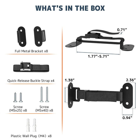 Heavy Duty Anti Tip Furniture Anchors With Tough As Nails Base And No Sweat Quick Release Wall Safety Kit parts list image with brackets, straps, screws.