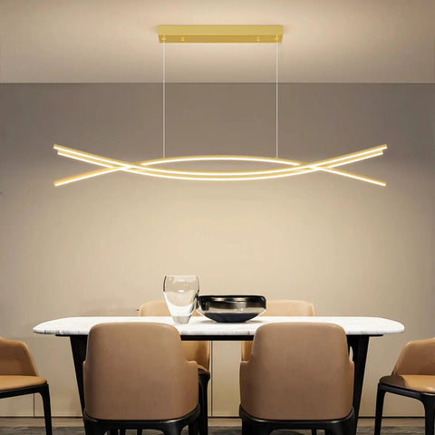 Dining room with Lit Lightning Shaped LED Chandelier Pendant Light With Remote Control Adjustable 3000K To 6500K Color Temperature 47 Inch Aluminum Island Lighting Fixture above table.