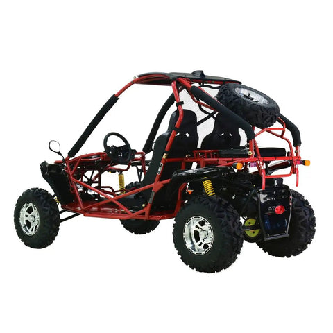 Red Off Road Go Kart With 8.3 kW 4 Stroke Air Cooled Engine, CVT Transmission, tube frame, dual seats, rugged build, rear view