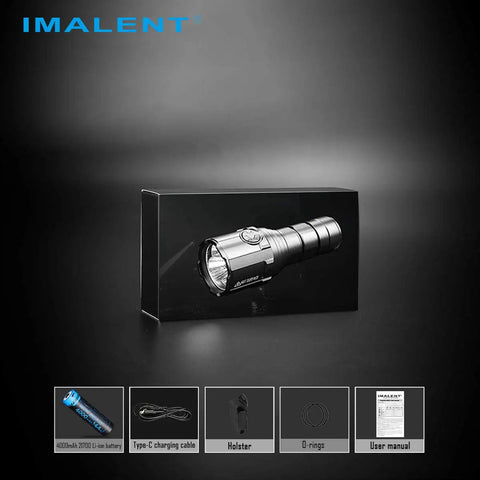 Box of Ms03 13000 Lumen LED Flashlight With 3 Cree XHP70 2 LEDs Tactical EDC Light, accessories shown below.