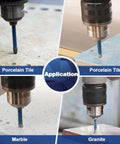 Diamond hole saw drill bit set, 1/4 in (6mm), for porcelain tile and stone; four-view collage.