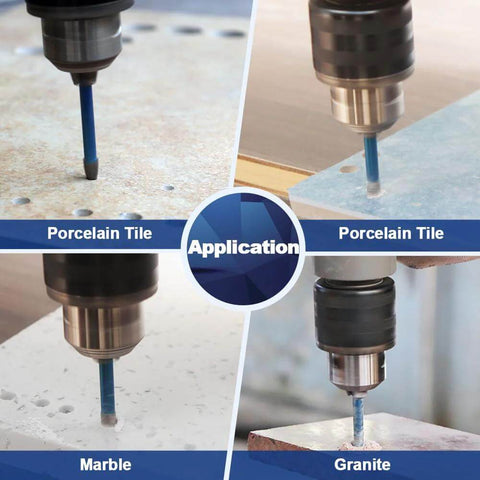 Diamond hole saw drill bit set, 1/4 in (6mm), for porcelain tile and stone; four-view collage.