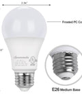 A19 LED Light Bulbs Dimmable 60W Equivalent, 2700K Soft White, 800 Lumens, 10W, E26 Base, UL Listed, bulb dimensions and base close-up