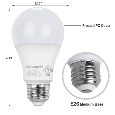 A19 LED Light Bulbs Dimmable 60W Equivalent, 2700K Soft White, 800 Lumens, 10W, E26 Base, UL Listed, bulb dimensions and base close-up