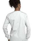 Back view of Women Snap Front Warm Up Jacket White Large With Round Neck Short Length Featuring Two Big Patch Pockets And A Handy Cell Phone Pocket For Easy Pro Healthcare Wear.