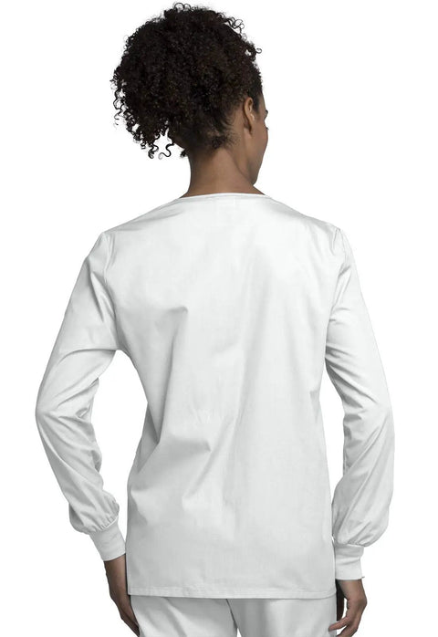 Back view of Women Snap Front Warm Up Jacket White Large With Round Neck Short Length Featuring Two Big Patch Pockets And A Handy Cell Phone Pocket For Easy Pro Healthcare Wear.