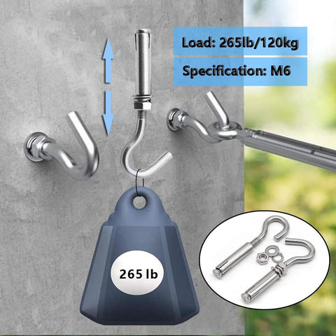 M6 Heavy Duty Concrete Wall Hook Set 304 Stainless Steel Concrete Anchor Bolts Expansion Wall Mount Hooks For Concrete Walls 5 Pack Rust Resistant Indoor Outdoor Supports Up To 264 Pounds 120 Kilograms shown installed on concrete wall.