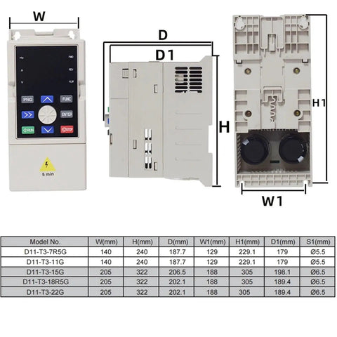 Beefy 3 Phase VFD Inverter From DC 250 To 880 V To 380 V Output With 11kW 15kW And 18.5kW Options, Variable Frequency Drive For Motor Speed Control, Pro Grade Industrial Converter For Precise Speed. front and side view with dimensions