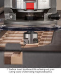 Spoilboard Surfacing Router Bit For Pros With One Inch Cutting Diameter And One Quarter Inch Shank, Three Flute Carbide Insert CNC Bit For Slab Flattening Planing Milling Replaceable Rotating Inserts Made In USA in use on wood surface