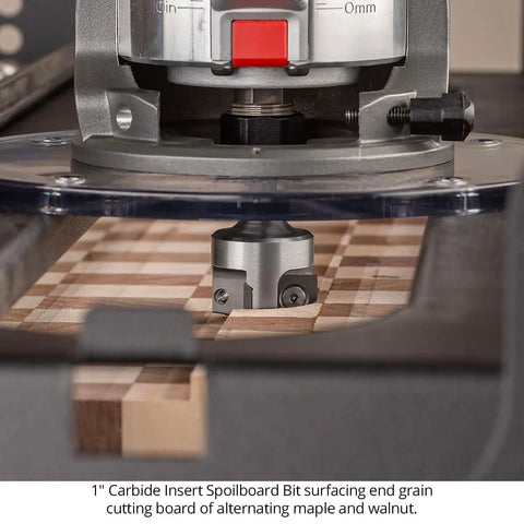 Spoilboard Surfacing Router Bit For Pros With One Inch Cutting Diameter And One Quarter Inch Shank, Three Flute Carbide Insert CNC Bit For Slab Flattening Planing Milling Replaceable Rotating Inserts Made In USA in use on wood surface