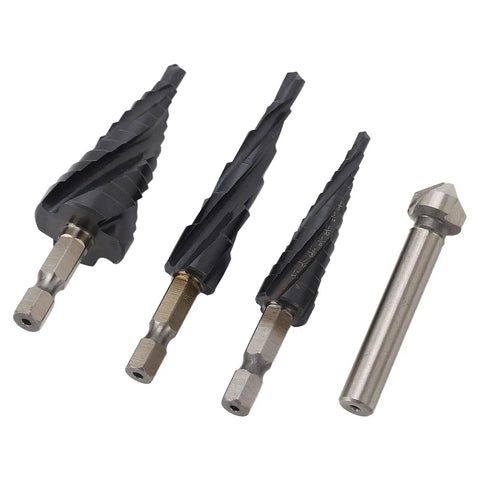 Heavy Duty Step Drill Bits With 4 Spiral Flutes Made From M35 Cobalt for Smoother Drilling In Metal Wood And Plastic With Quick Size Removal For Stainless Steel And Aluminum Jobs, 4-piece set