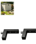 Heavy Duty Shed Shelf Brackets For Wall Mounted Storage in black steel shown with garden shed in background