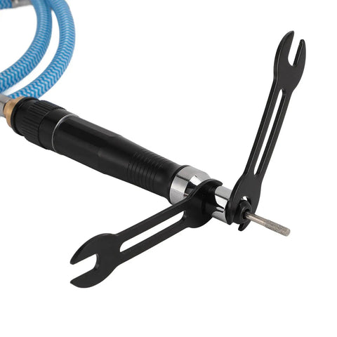 Heavy Duty Pneumatic Pencil Die Grinder Cranking Out A Badass 70000 Rpm Output with quick connect air line and black handle.