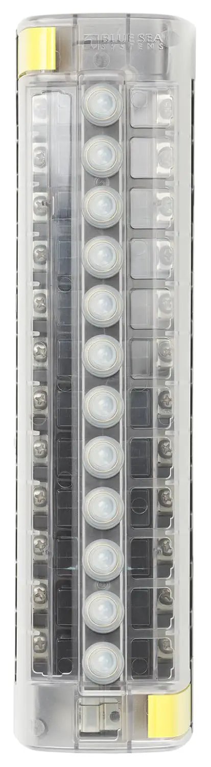 12 Position Marine Circuit Breaker Block With Quick Connect Clips Black For 32V DC Systems Delivers 32A Per Circuit And 40A Per Jumped Group Includes Clear Insulating Cover Meets ABYC USCG Insulation Standards, vertical view