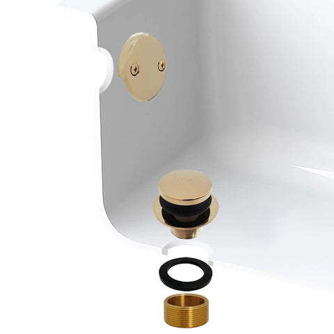 Top Tier Universal Bathtub Drain Plug Set Featuring Slick Polished Brass Finish Includes Two Piece Faceplate And Adapter For Quick No Drama Tub Fixes And Straight Shot 50 Pack Bulk Buys, showing drain plug and adapter.