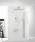 Brushed nickel 10 inch shower system with rain shower head, handheld spray, and tub spout, featuring thermostatic fixtures.