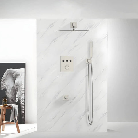 Brushed nickel 10 inch shower system with rain shower head, handheld spray, and tub spout, featuring thermostatic fixtures.