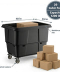 Real Deal 20 Cubic Foot Heavy Duty Trash Cube Truck With 1200 Pound Capacity showing dimensions 48 x 35 x 37 inches with cardboard boxes.