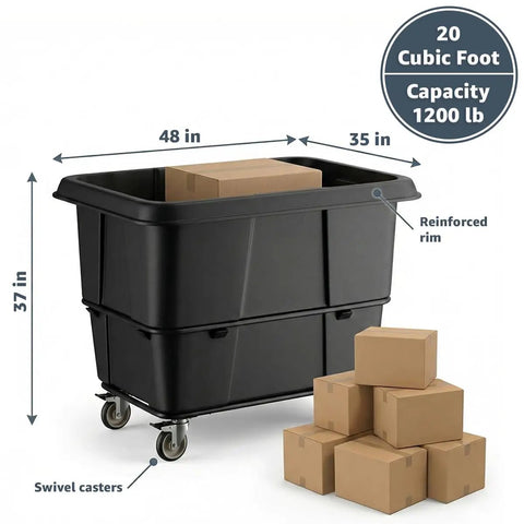 Real Deal 20 Cubic Foot Heavy Duty Trash Cube Truck With 1200 Pound Capacity showing dimensions 48 x 35 x 37 inches with cardboard boxes.